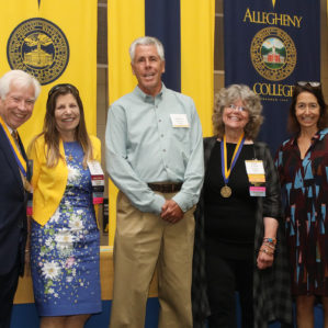 Award winners standing with President Link. (left to right) Jim Wible, Norma Wible, Jonathan Spencer, Peggy Toman Siegle, President Link. Photo by Ed Mailliard.