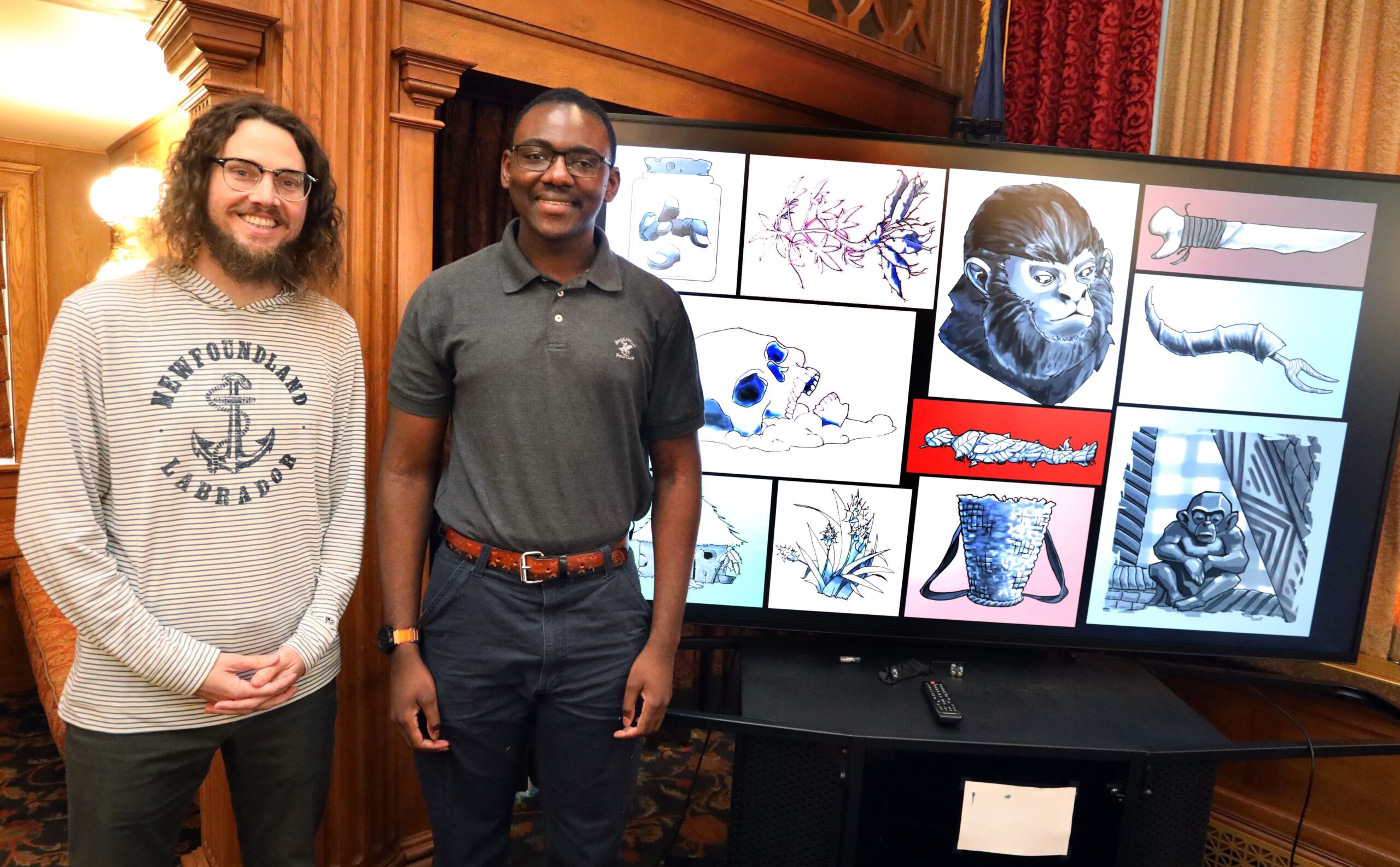 Allegheny College ACRoSS summer research luncheon features presentations from student researchers. Aldrich Simon (’27) discusses “The Paper Bell: Graphic Noveling Economic Fiction,” July 8, 2025. Photo by Ed Mailliard.