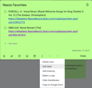 Sample note from Google Keep with the "More" menu open