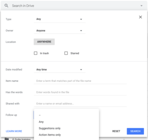 Screenshot of the advanced search options in Google Drive, with "Follow up" and "Action Items Only" selected.