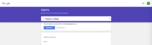 Screenshot of the search dialog box in Google Alerts with the phrase "Allegheny College" typed in