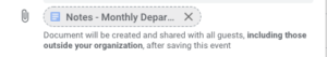 Screenshot showing a meeting notes document listing in the event details in a Google Calendar event