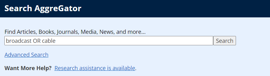 Screenshot of the "Search AggreGator" dialog using the search phrase "broadcast OR cable"