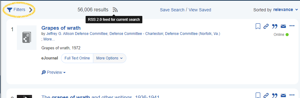 Screenshot of search results in AggreGator with the "Filters" button circled