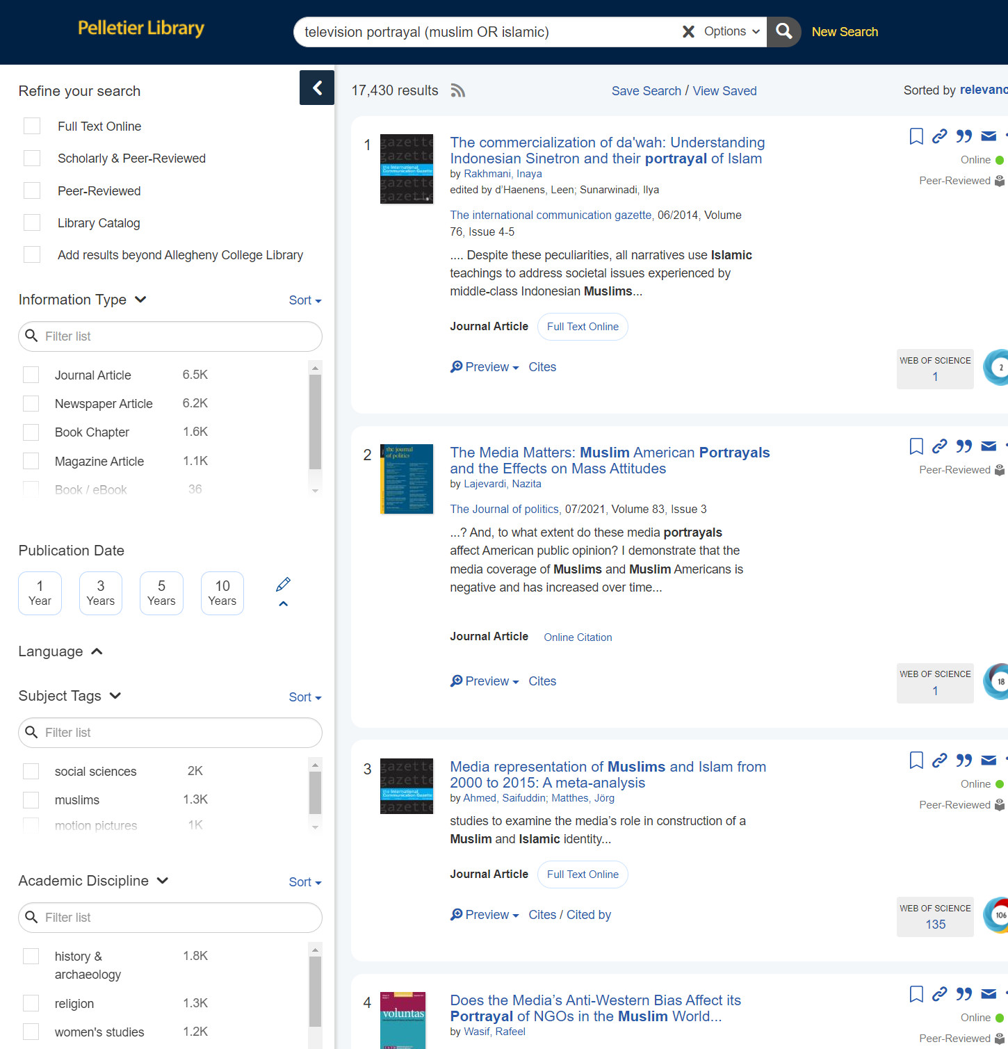Search results within AggreGator, showing multiple options for filtering results