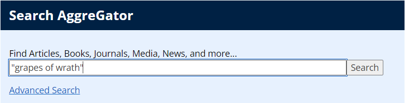 Screenshot of the "Search AggreGator" dialog on the Library Services page