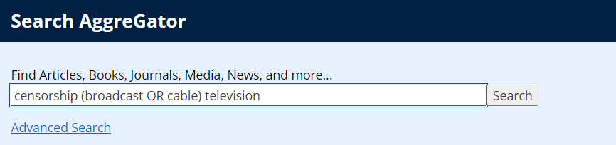 Screenshot of the Search AggreGator dialog using search terms "censorship (broadcast OR cable) television"