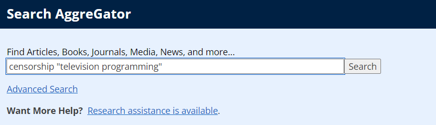 Screenshot of the "Search AggreGator" dialog using the search term "censorship", with the search phrase "television programming" in quotes 