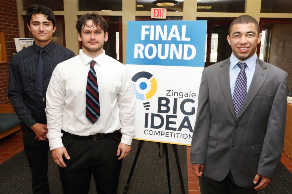 Allegheny College's Julien Voisey, Chance Haber and Kobe Coleman place first in the 2023 Zingale Big Idea Competition with GrandSlam AI, an artificial intelligence application that helps improve the play of advanced tennis players.