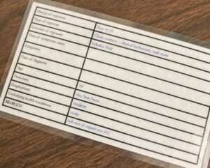 Index card with patient information