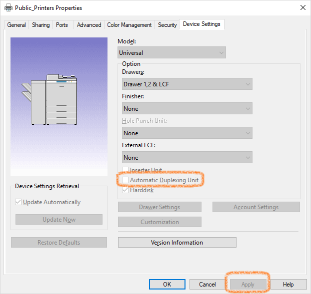 Printer Properties dialog box in Windows