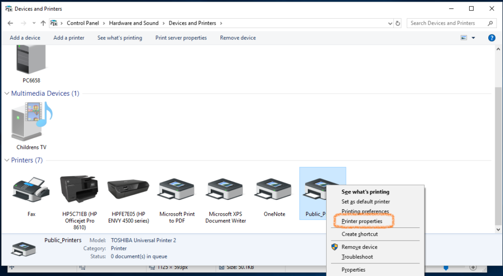 Right-click menu on a printer in Windows