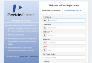 Screenshot of the registration page for PerkinElmer Download Center