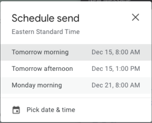 "Schedule send" dialog box in Gmail