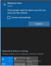 "Connect" menu in Windows for the Allegheny Guest wireless network