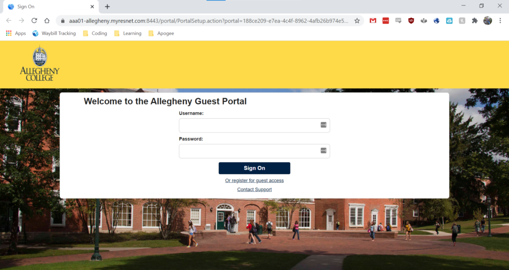 Allegheny Guest network login dialog page