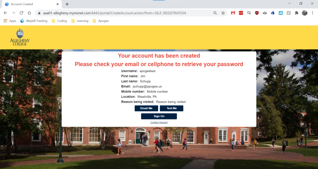 "Your Account Has Been Created" notice on the Allegheny Guest network