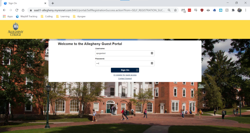Login page dialog for the Allegheny Guest wireless network