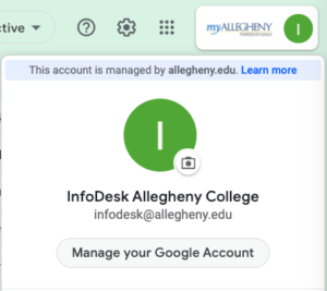 Screenshot of the account dialog in Gmail, showing "Manage your Google Account" highlighted.