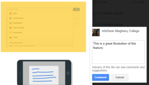 Screenshot of a comment being left on a Google Drive PDF file, reading "This is a great illustration of this feature."