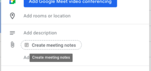 Screenshot of the "Create Meeting Notes" option in a meeting creation dialog box in Google Calendar