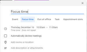 Screenshot of the event creation dialog box in Gmail, with "Focus Time" highlighted