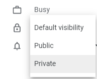 Screenshot of the event visibility dialog from Google Calendar, with "Private" selected