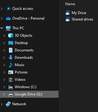 Screenshot of the Windows file manager menu with "Google Drive (G:)" selected
