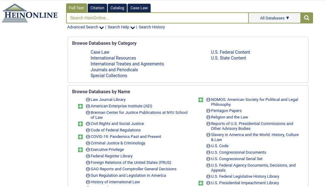 screenshot of HeinOnline homepage