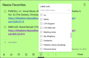 Screenshot of the "Label note" menu from a Google Keep note