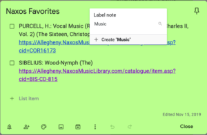 Screenshot of the "Create" label menu in a Google Keep note