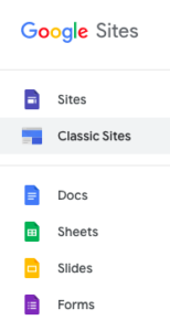 Screenshot of the main menu in Google Sites, highlighting the "Classic Sites" option