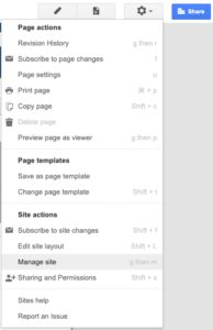 Screenshot of the Settings menu in classic Google Sites, highlighting the "Manage Site" option