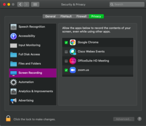 Screenshot of the Screen recording settings in macOS, with "Google Chrome" and "zoom.us" checked.