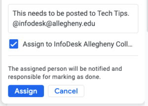 Screenshot of a comment assigned to infodesk@allegheny.edu