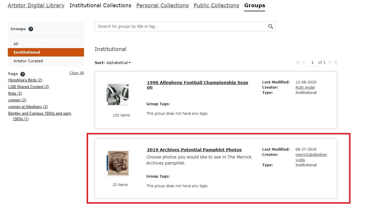 screenshot of Artstor groups interface