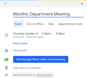Screenshot of the event creation dialog in the Google Calendar web interface
