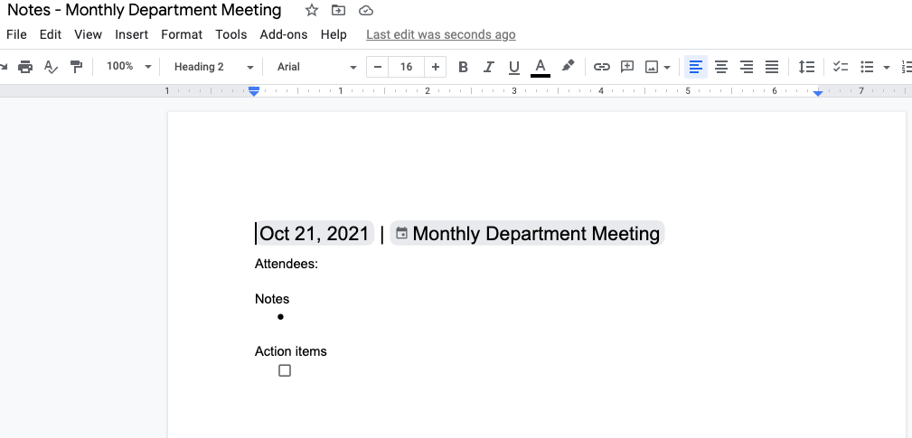 Screenshot of the Meeting Notes document showing the basic tools and meeting details prepopulated