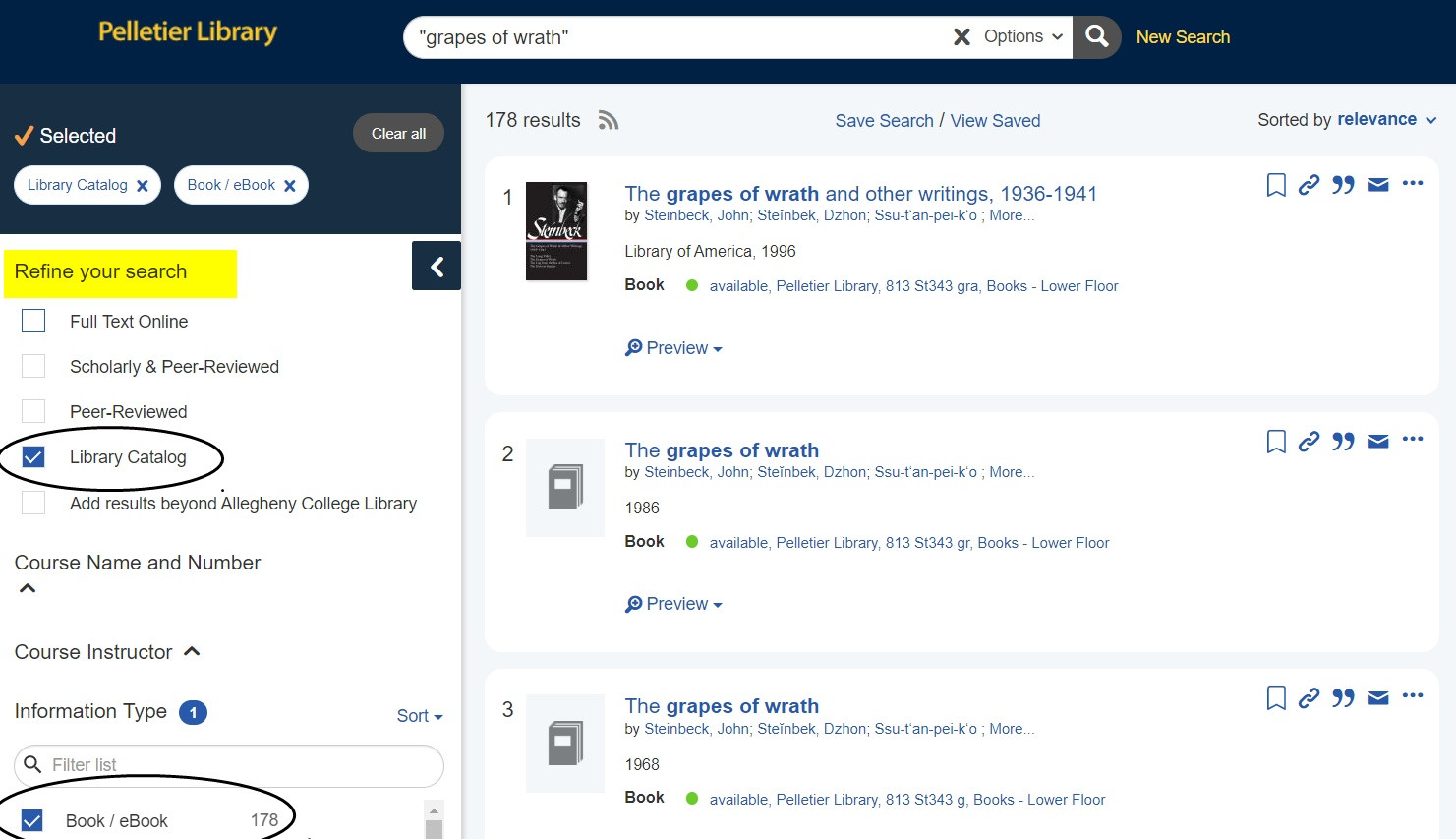 Screenshot of search results with "Library Catalog" and "Book/eBook" filters applied