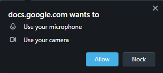Screenshot of Google Docs dialog asking permission to use microphone and camera