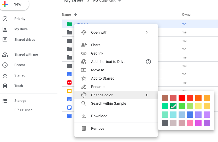 Screenshot of "Change Color" folder menu in Google Drive