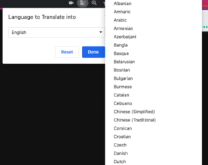 Screenshot of language selection options in Google Translate.