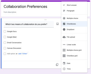 Google Forms question type dialog box