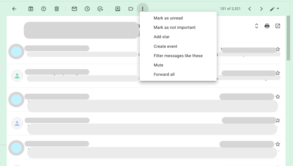 Screenshot of a sample Gmail conversation with the 'More' menu open