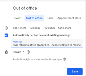 "Out of office" dialog box in Google Calendar