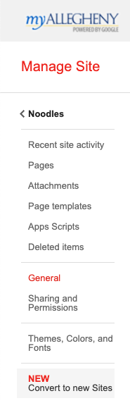 Screenshot of the side menu in the Manage sites interface of classic Google Sites, highlighting "Convert to new Sites"