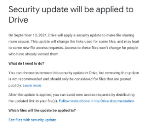 Screenshot of an email message from Google with the heading "Security update will be applied to Drive"