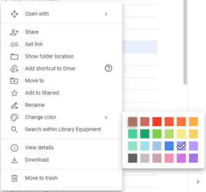 Screenshot of context menu in a Google Shared drive, showing the choices for color customization