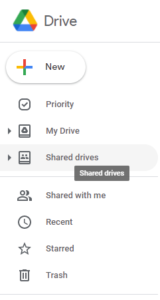Screenshot of the navigation menu in the Google Drive web interface, with "Shared Drives" selected.
