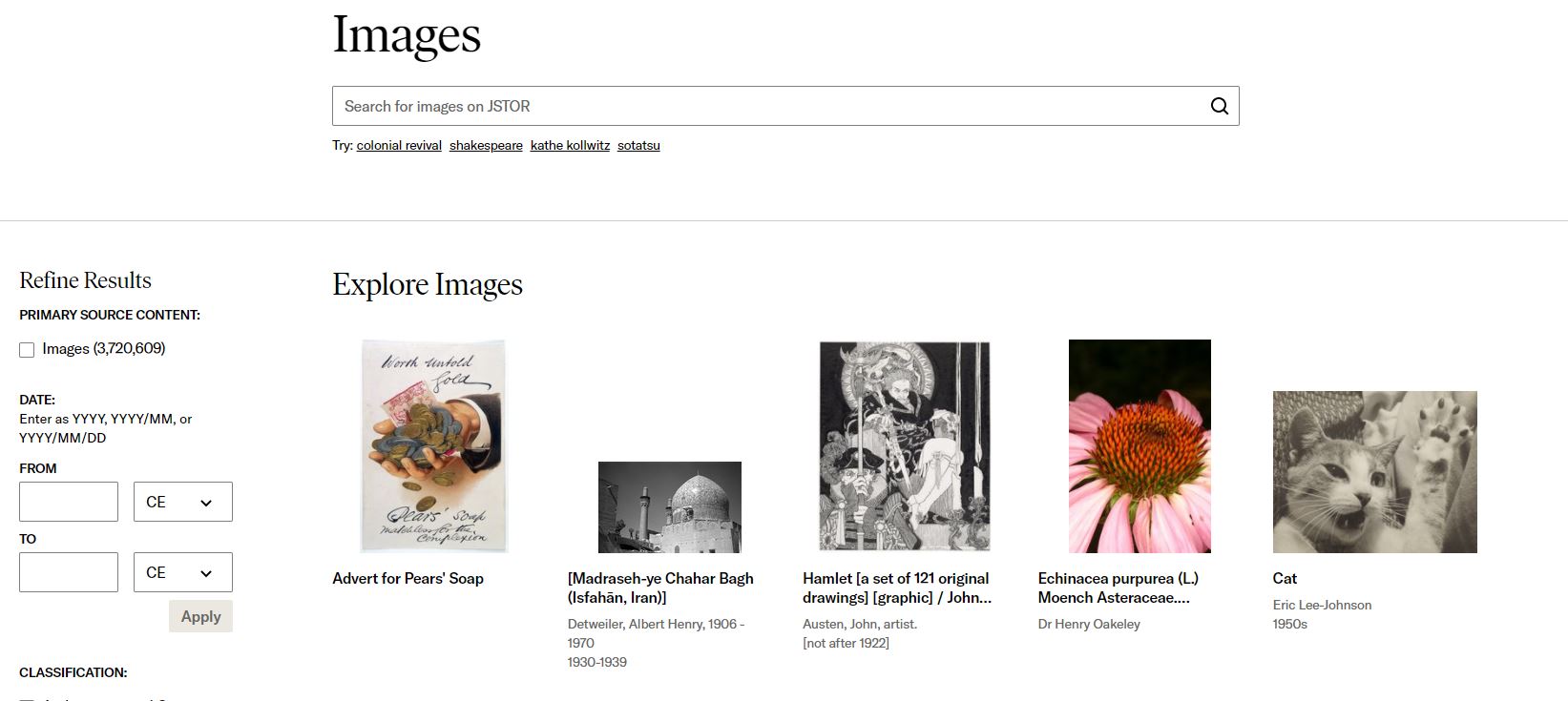 a screenshot of the JSTOR image search tool